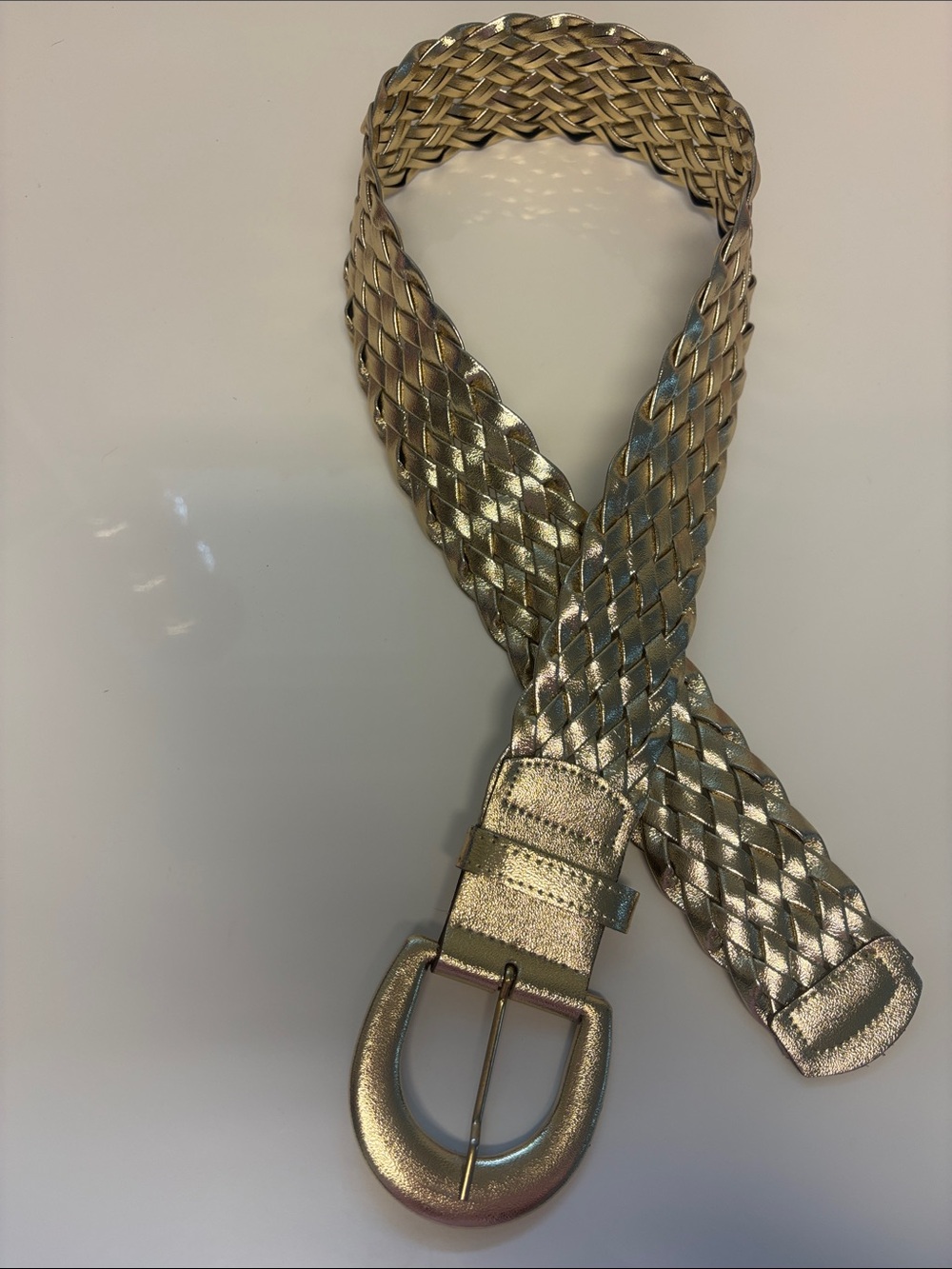 Vintage Astor Gold Metallic Braided Woven Belt Size SM Wide Horseshoe Buckle